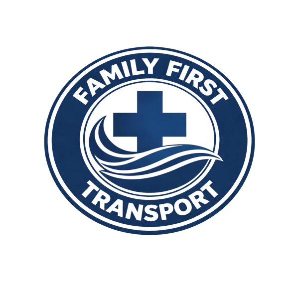 Blue emblem with medical cross and waves, labeled Family First Transport.