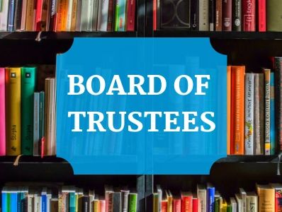 Words board of Trustees with bookshelf background