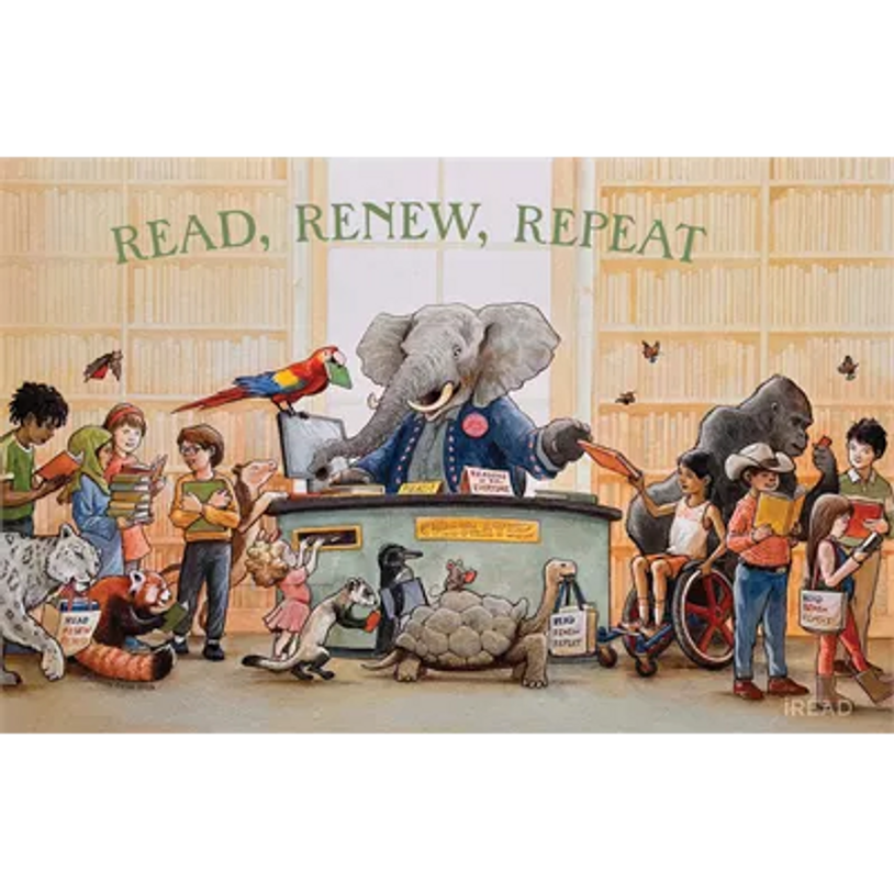 Summer Reading poster of Elephant checking books out to animals and children. 