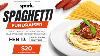 Spaghetti fundraiser event flyer with donation details and food image.