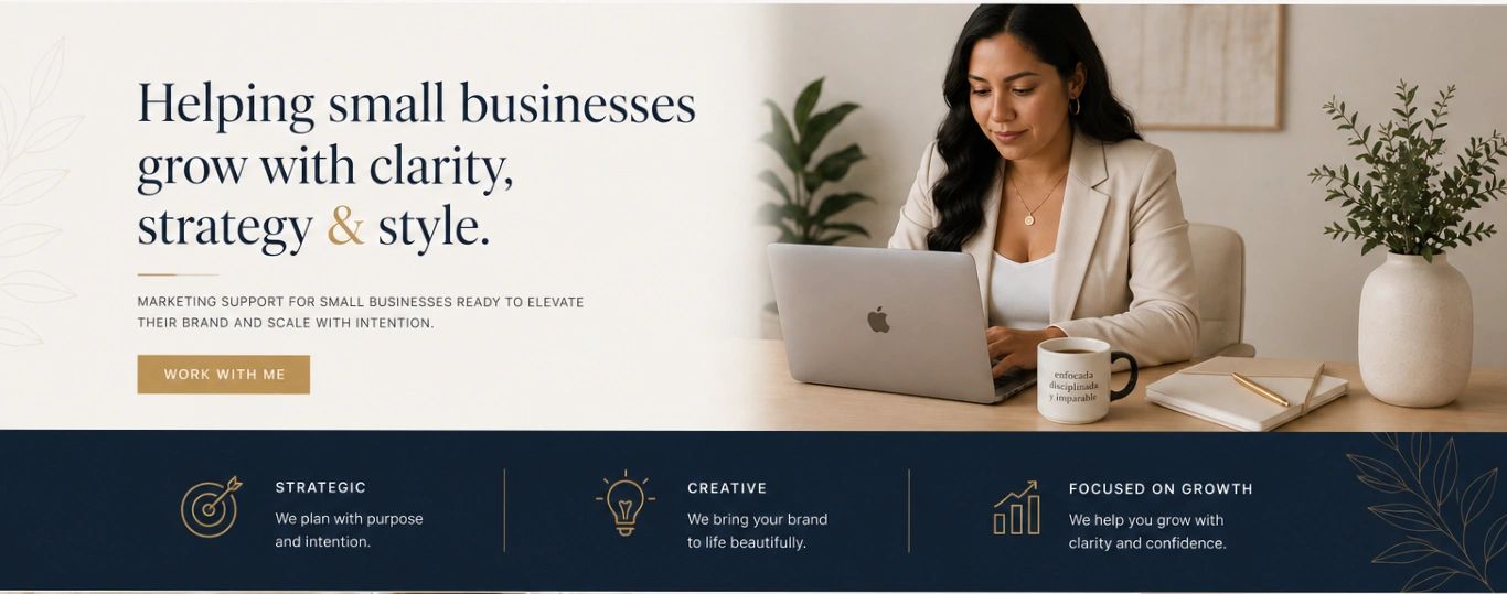 Woman working on laptop promoting marketing support for small businesses.