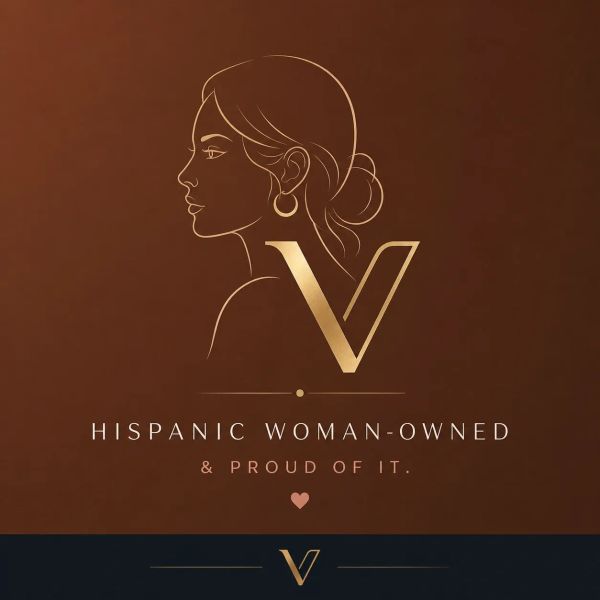 Elegant logo celebrating Hispanic woman-owned businesses with a gold profile and letter V.