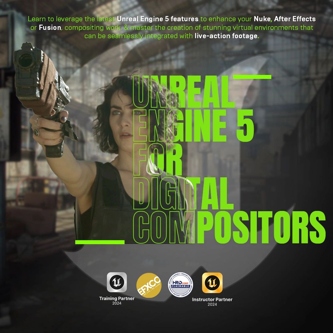 Promotional image for Unreal Engine 5 training for digital compositors with a woman holding a gun.