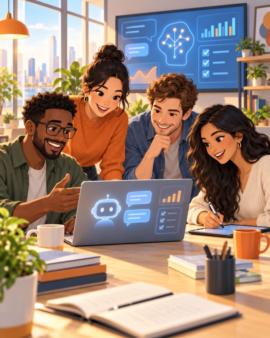 A business team working with AI tools on a laptop