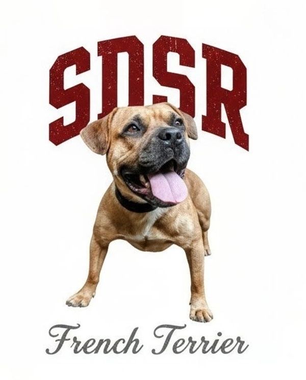 Happy French Terrier dog with tongue out under bold SOSR text.