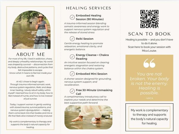 Informative flyer detailing healing services and personal story of trauma recovery.