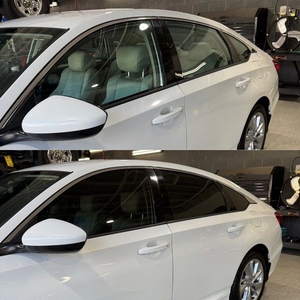 Before and after tinting on a white car's side windows.