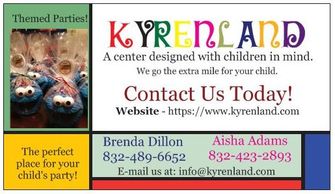 Colorful flyer for Kyrenland, a children's party center with contact details.