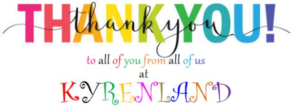Colorful thank you message from Kyrenland with playful fonts.