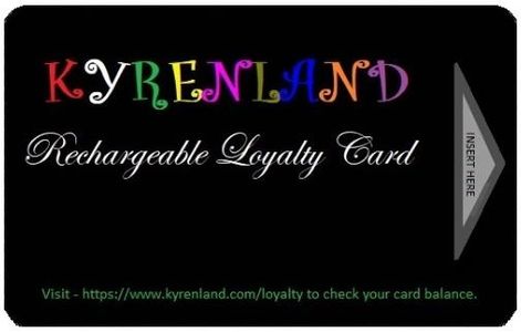 Black Kyrenland Rechargeable Loyalty Card with colorful text and website link.