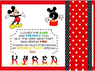 A colorful Mickey Mouse-themed thank you card for a birthday party.