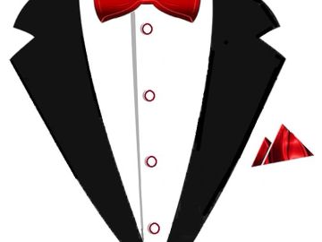 Illustration of a black tuxedo with a red bow tie and pocket square.