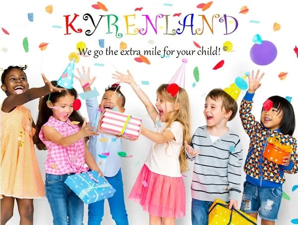 Happy children in party hats celebrate with gifts and confetti at Kyreland.