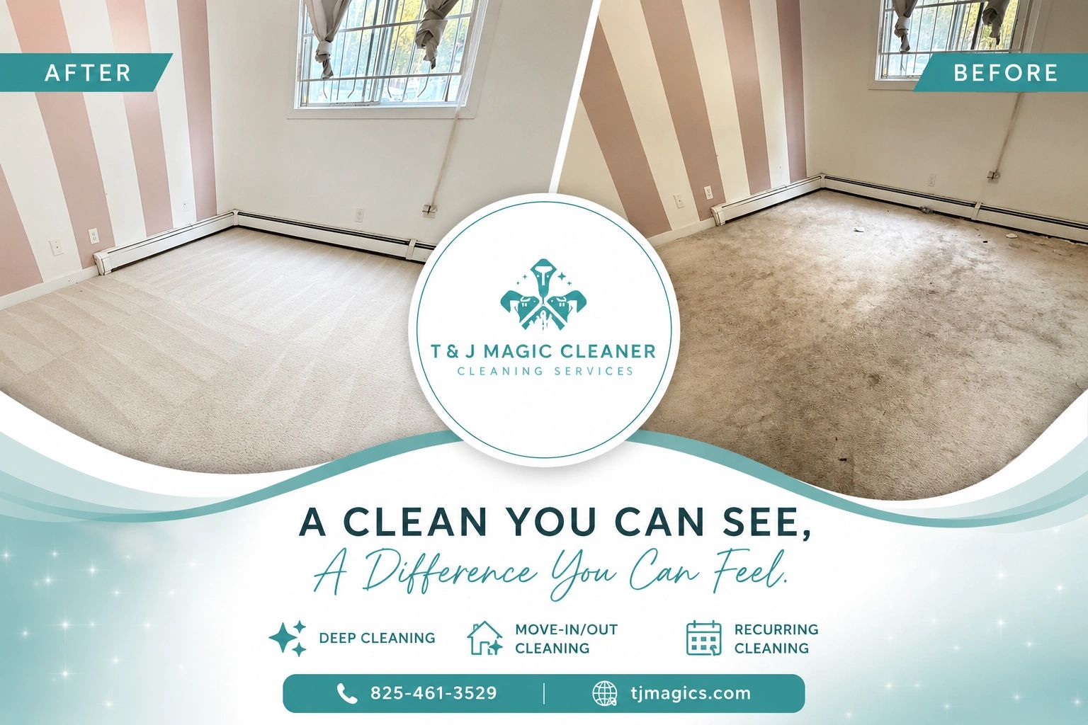 Before and after carpet cleaning comparison by T &amp; J Magic Cleaner.