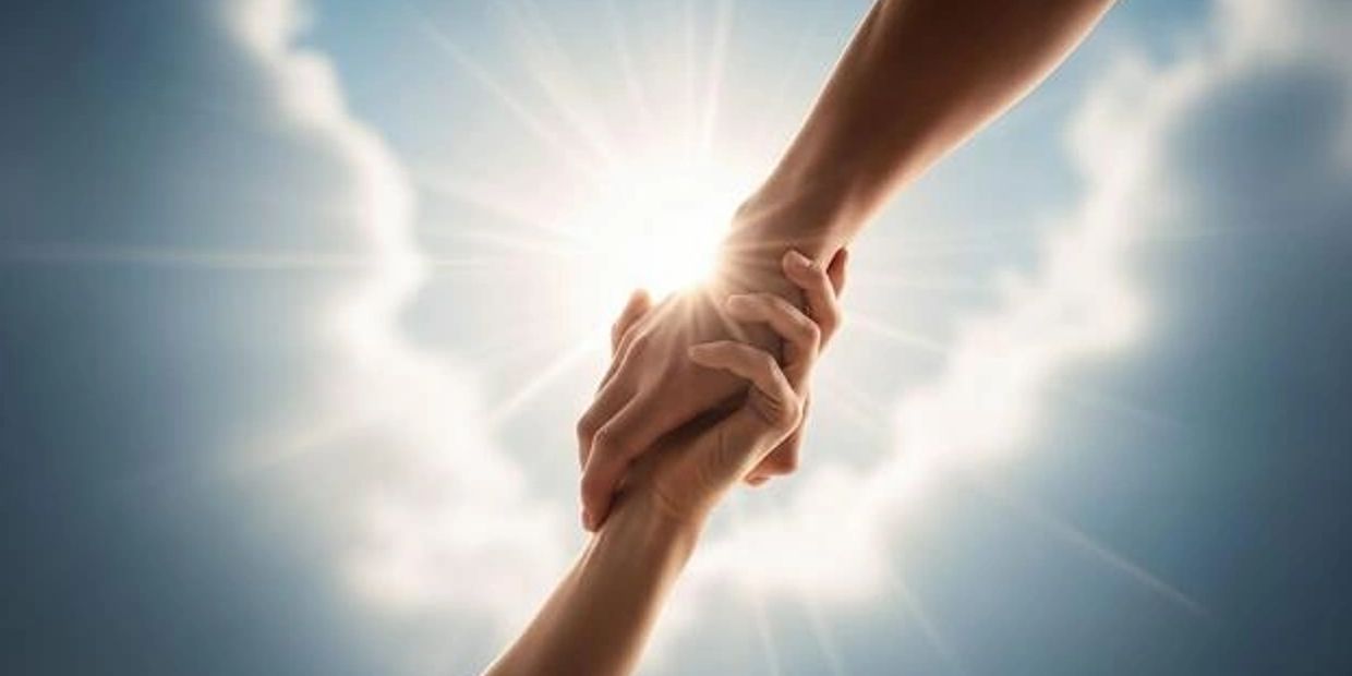Two hands tightly gripping each other with sunlight and clouds in the background.