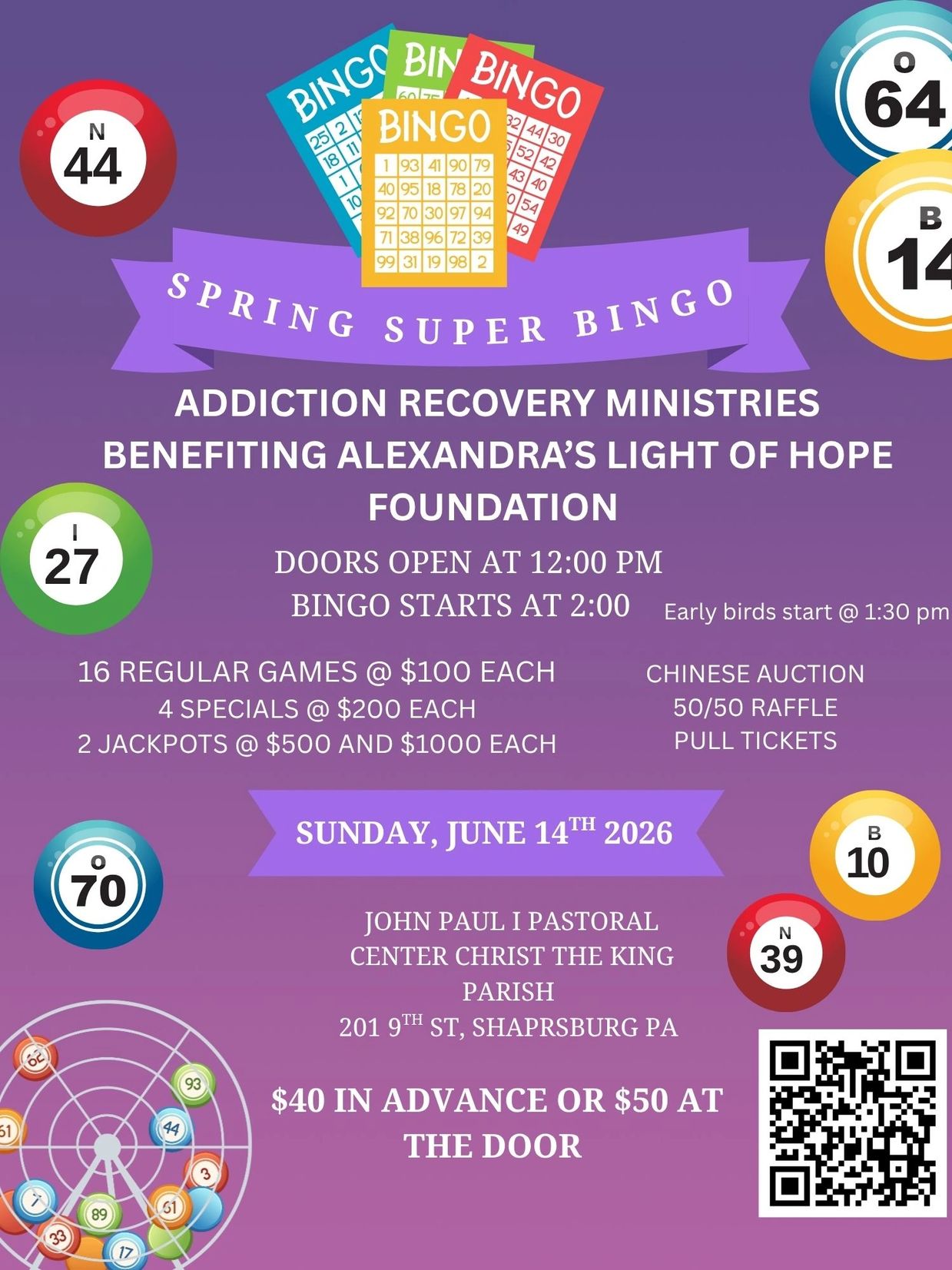Spring Super Bingo fundraiser benefiting Alexandra's Light of Hope Foundation on June 14, 2026.