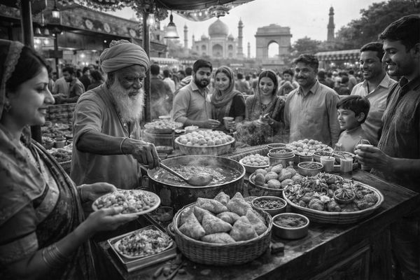 Busy Indian street food market with people enjoying snacks near the Taj Mahal.