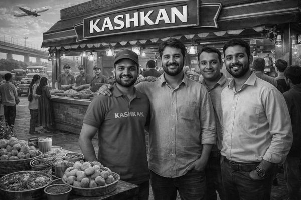 Four men smiling in front of a vibrant street food stall named Kashkan.
