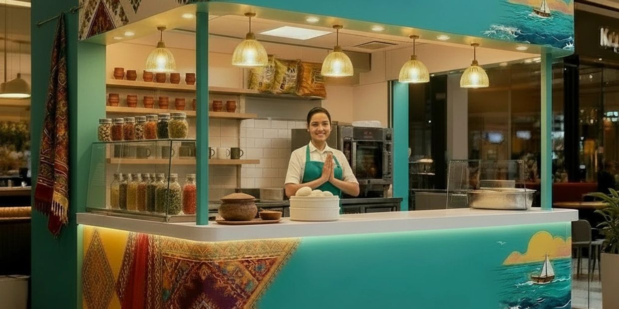 A vibrant food stall with traditional decor and a smiling woman ready to serve.