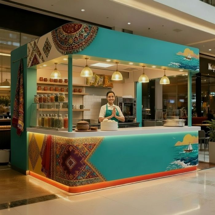 A vibrant food stall with traditional decor and a smiling woman ready to serve.