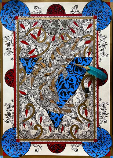 One fish and a blue triangle in the middle 