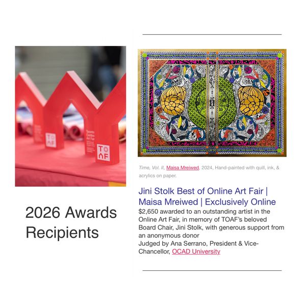 2026 online art fair awards with a colorful artwork by Maisa Mreiwed.