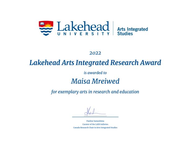 Award certificate for Maisa Mreiwed from Lakehead University.