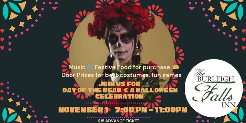 Day of the Dead and Halloween celebration event poster with a painted face and event details.