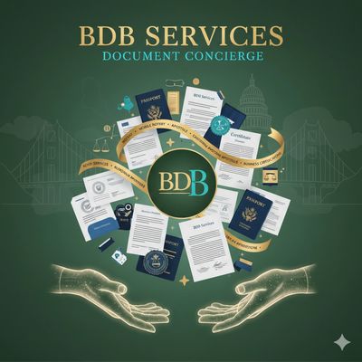 BDB Services offers comprehensive document concierge services including passports and legal certifications.