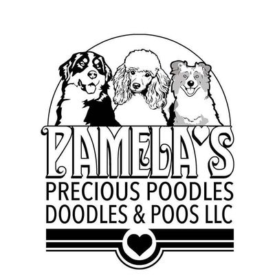Logo featuring three dogs and the name Pamela's Precious Poodles Doodles & Poos LLC.