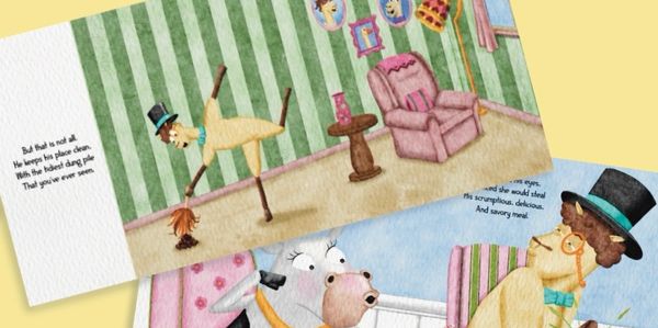 Mr. Al Paca in his tidy home and Ms. Moo the cow from the book Mr. Al Paca by Cat Wiessbrod