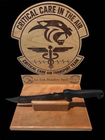 Engraved commemorative knife and plaque for Critical Care Air Transport Team.