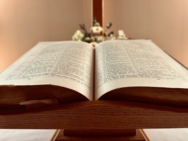 Open Bible on a wooden stand with a blurred background.