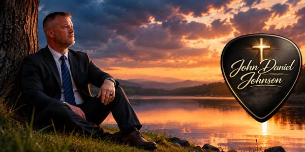 Man in suit sitting by a lake during sunset reflecting.