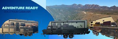 Three caravans ready for adventure with mountainous backdrop.