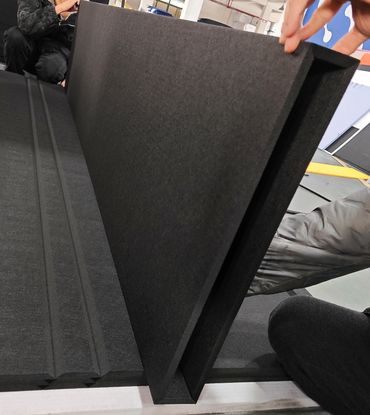 Large folding hanging acoustical baffle for a commercial application