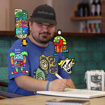 Man sketching colorful cartoon characters on paper and digitally added around him.