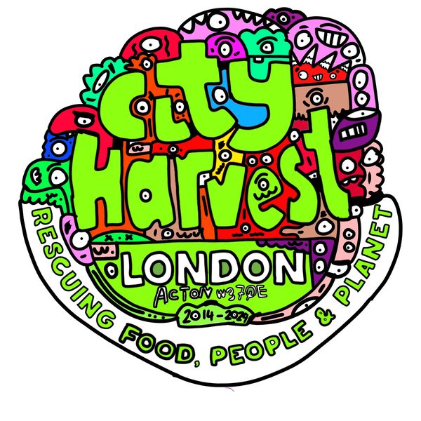 Colorful logo for City Harvest London, focused on rescuing food, people, and planet.