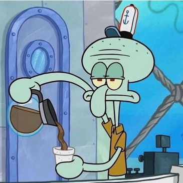 Squidward pouring coffee with a tired expression.