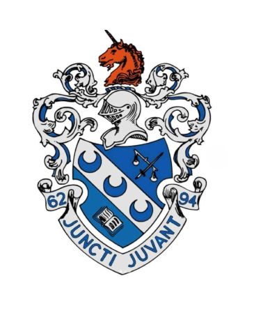 A blue and white heraldic shield with a knight's helmet and a red unicorn head crest.