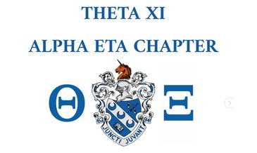 Theta Xi Alpha Eta Chapter logo with crest and Greek letters.