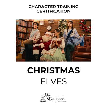 People dressed as Christmas elves with Santa in a festive room.