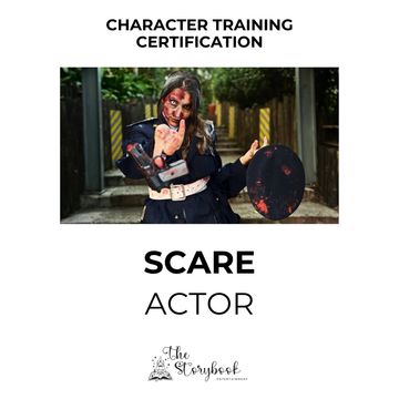 Person in horror makeup holding props, labeled 'Scare Actor' certification.