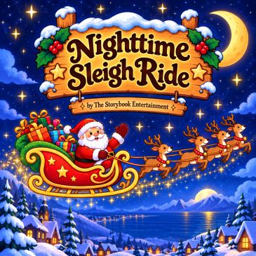 Santa on a nighttime sleigh ride with reindeer.