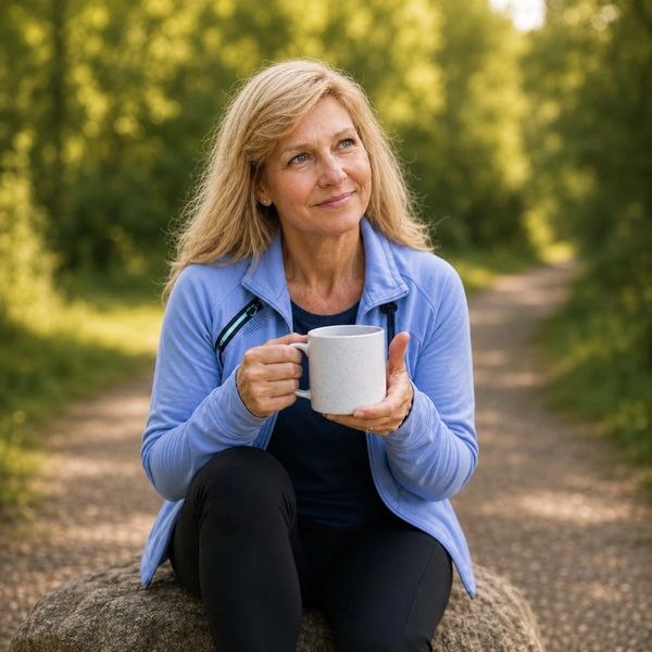 Woman enjoying a peaceful moment outdoors with a cup of coffee.