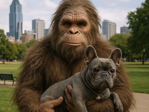 Sasquatch holding a french bulldog