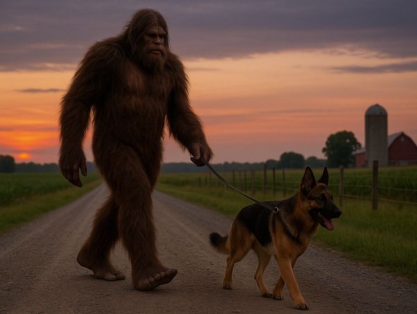 Sasquatch walking a german shepherd