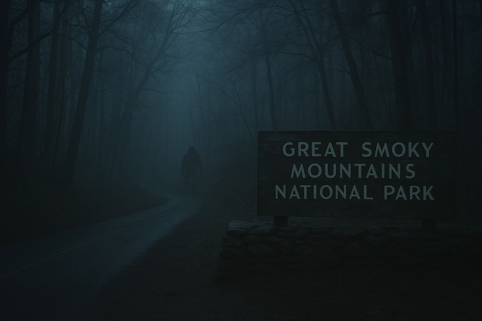 Sasquatch lurking in the smoky mist at the smoky mountains national park entrance