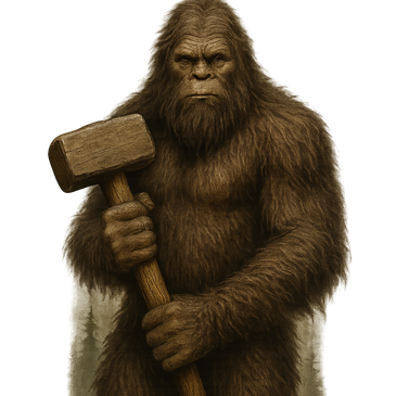 Sasquatch holding a wooden hammer, ready for the classic carnival bell tower game.