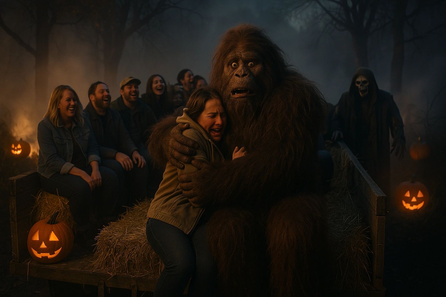 Sasquatch holding a woman, terrified on a scary hay ride at Halloween